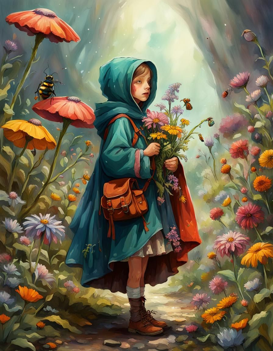 Pixie Smelling Giant Wild Flowers in High Fantasy