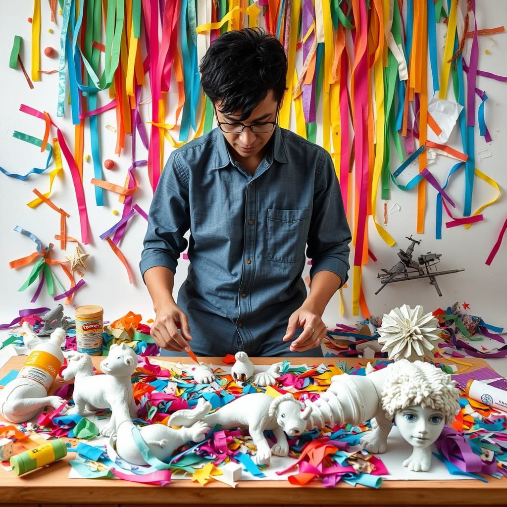 Person Creating Paper Mache Art in Whimsical Style