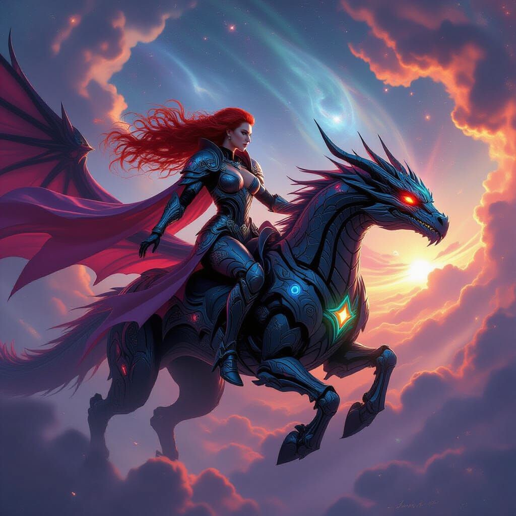 Cyborg Valkyrie Soaring Through Nebula on Bioluminescent Dra...