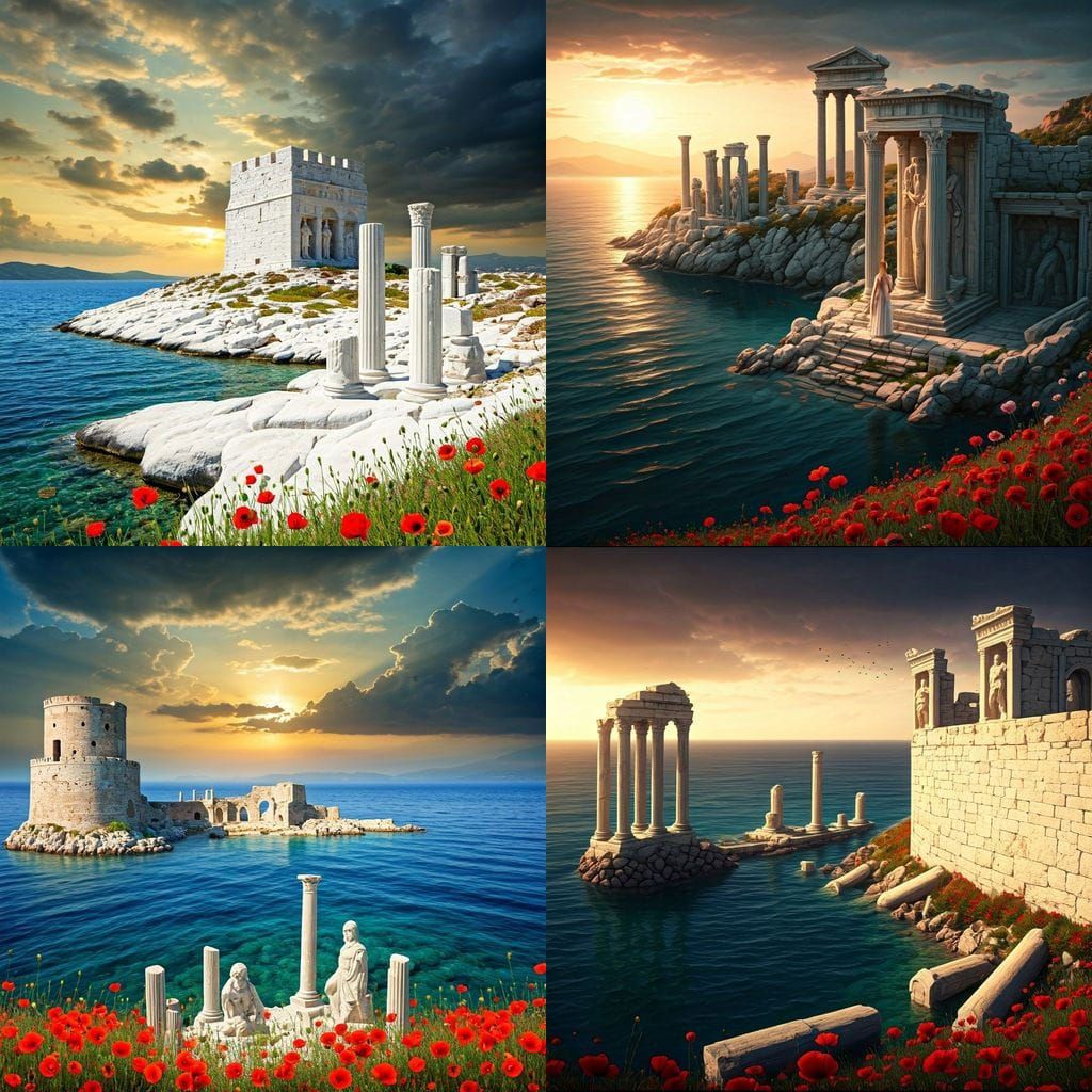 Greek Island Fortress Ruins at Sunset