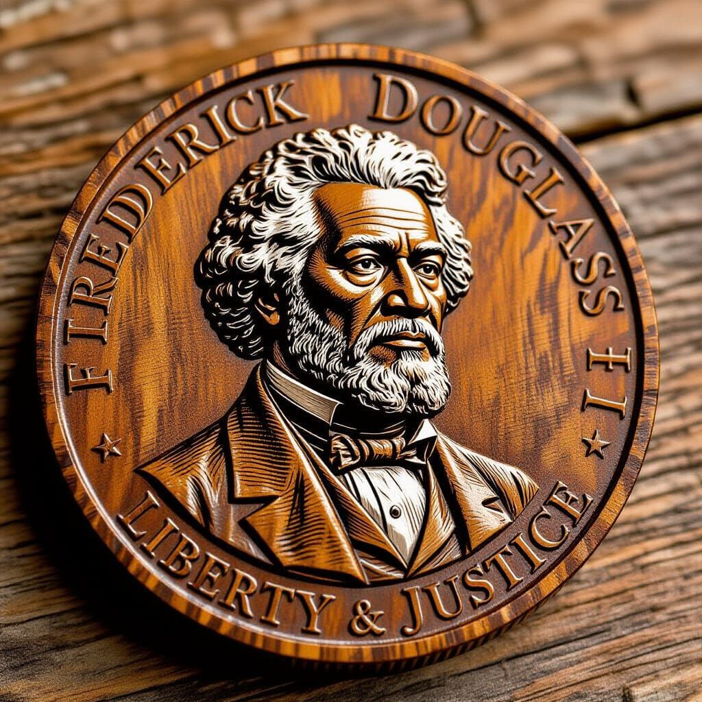 Carved Wooden Coin Featuring Frederick Douglass Profile
