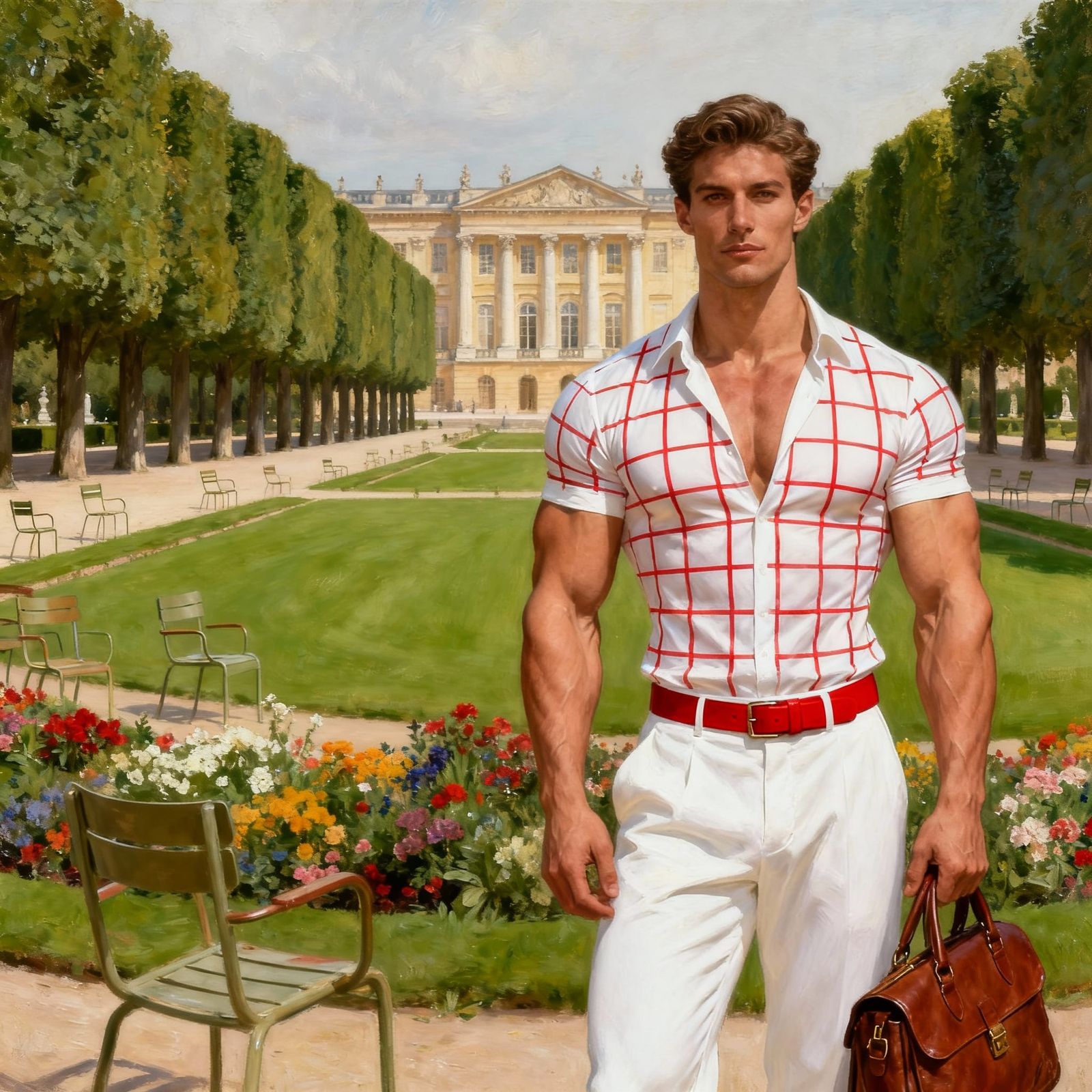 Man Guards Formal Garden Palace in Painterly Realism