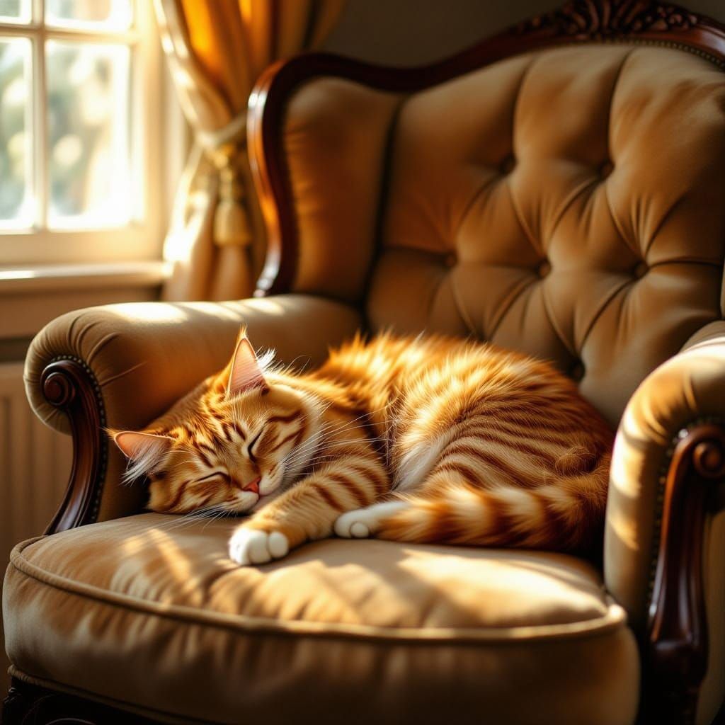 Ginger Cat Napping in Sunbeam on Velvet Armchair