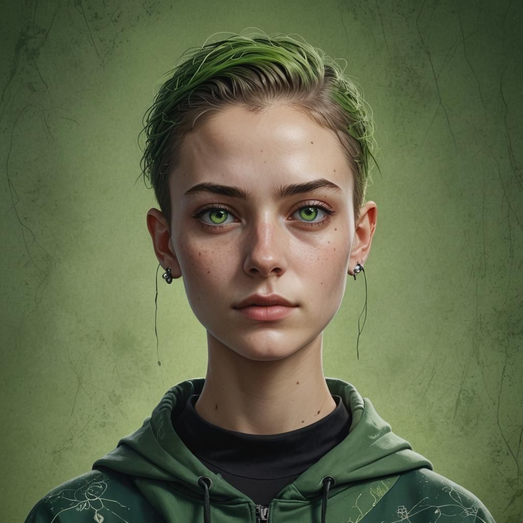 Hyperrealistic Portrait of a Green-Eyed Non-Binary Student