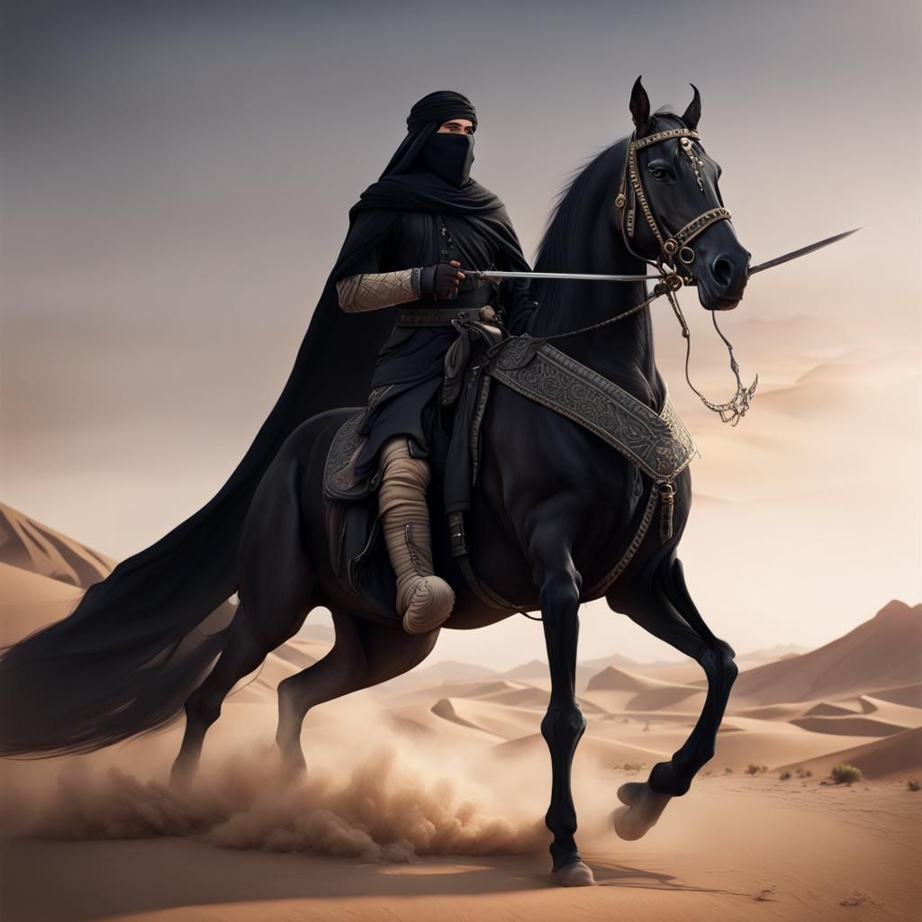 Arabian Warrior on Rearing Horse in Desert Landscape