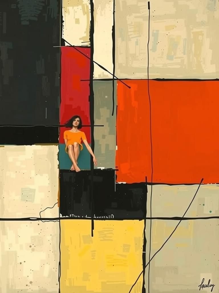 Woman in Geometric Dress Amidst Swirling Vortex