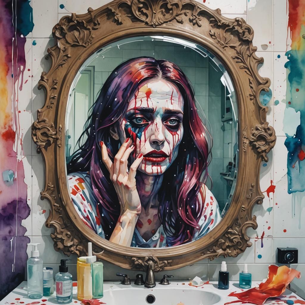 woman looking into a broken mirror, inside the mirror her re...