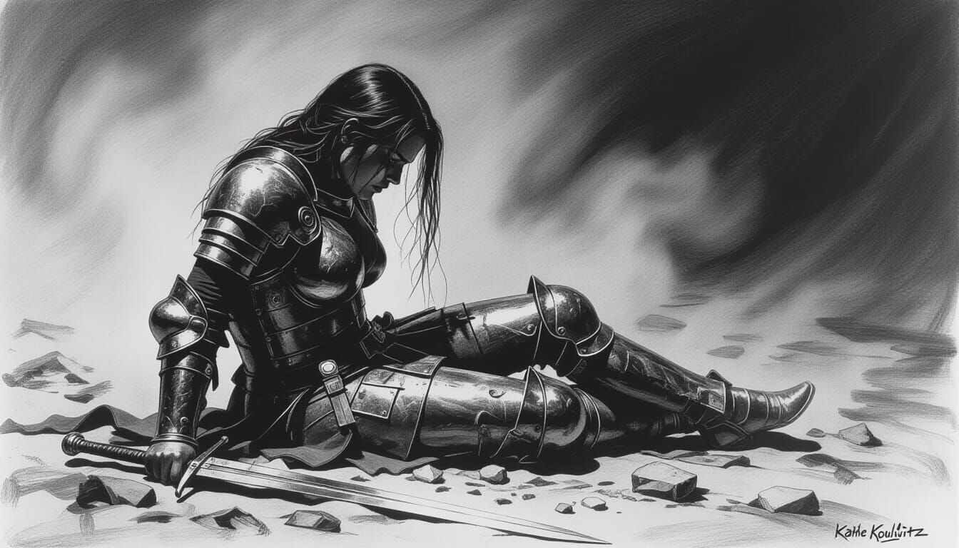 Defeated Warrior on Desolate Battlefield in Charcoal Style