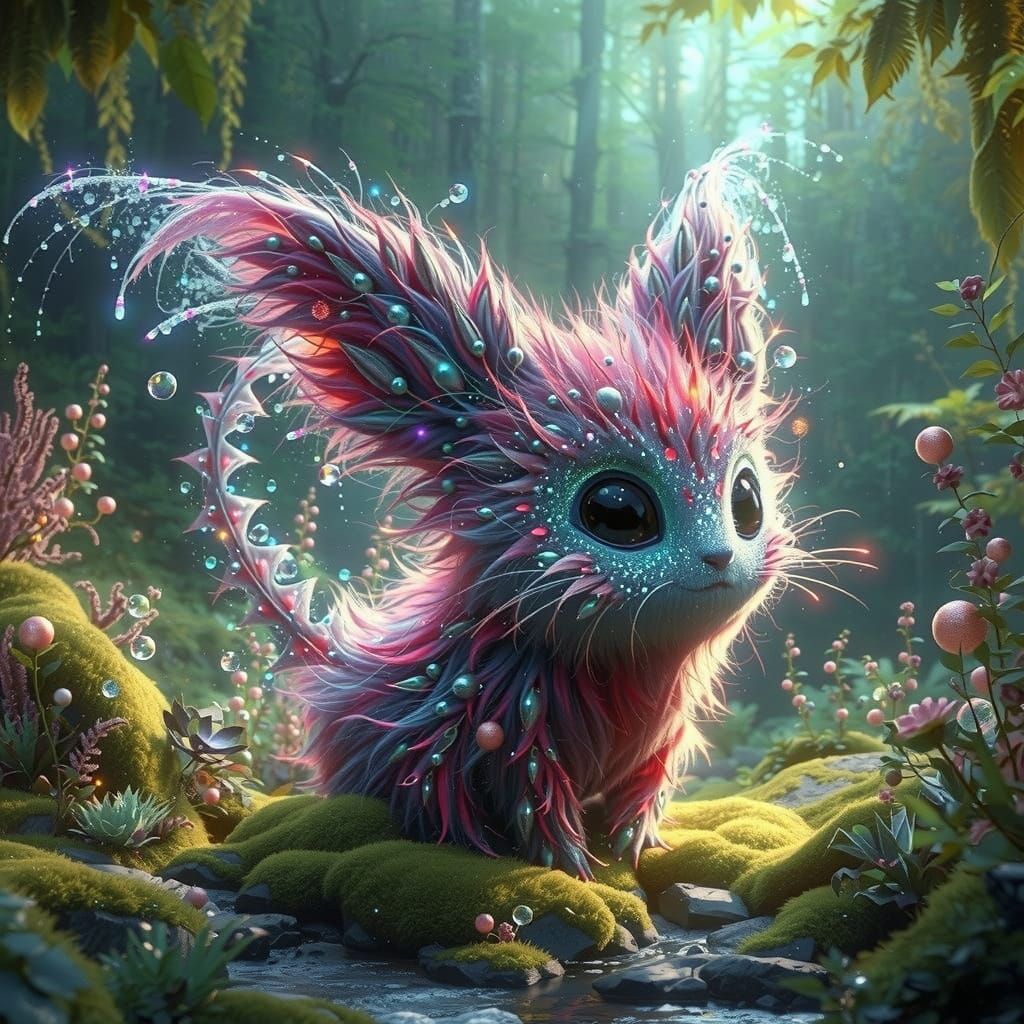 Mystical Critter With Iridescent Fur in Whimsical Forest