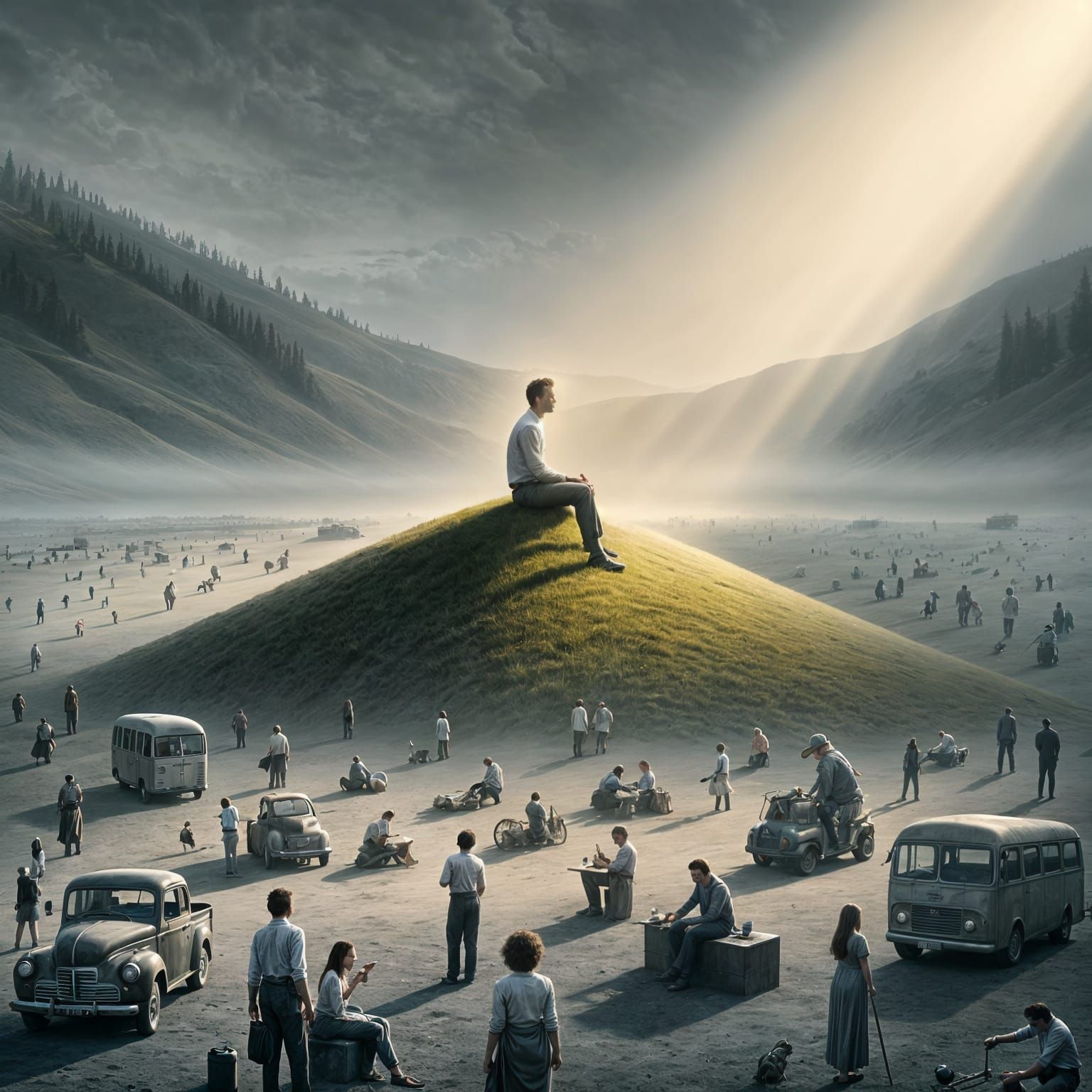 Serene Caucasian Man in Contrast to Bustling Grey Landscape