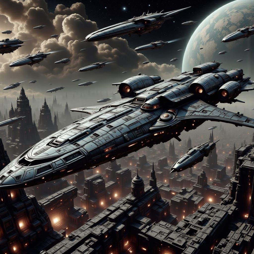 Sci-Fi Spaceships Engaging in Blaster Combat