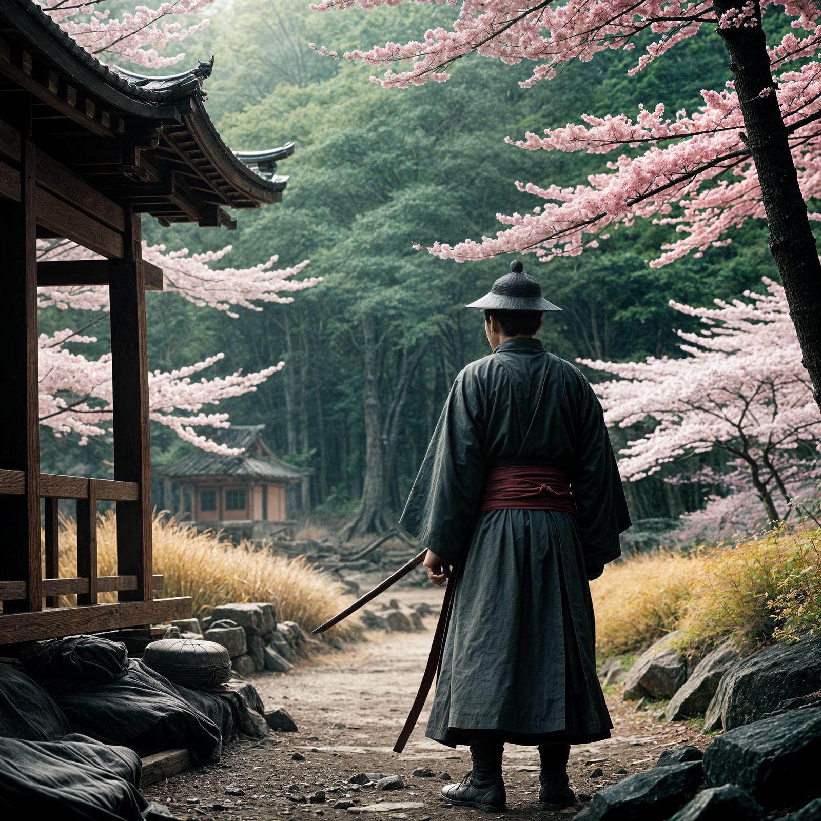 Epic Cinematic Samurai in Vibrant Cherry Blossom Bloom