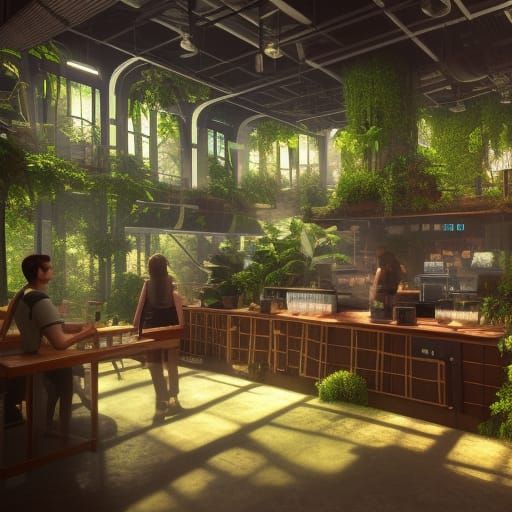 Lush Solarpunk Coffee Shop in 8K Resolution