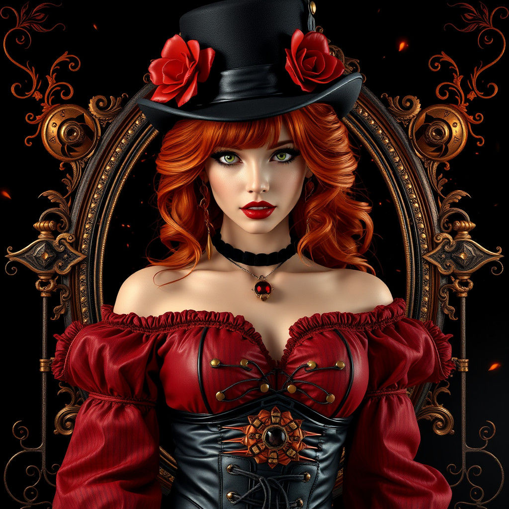 Steampunk Woman Portrait with Crimson Floral Accents