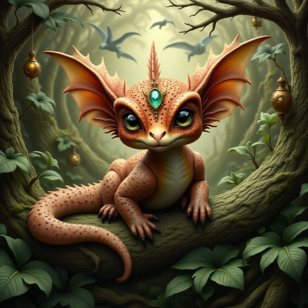 Mysterious Prehistoric Jungle Scene with a Cute Baby Pteroda...