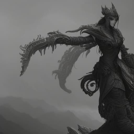 Monochrome Figure in Detailed Fantasy Concept Art
