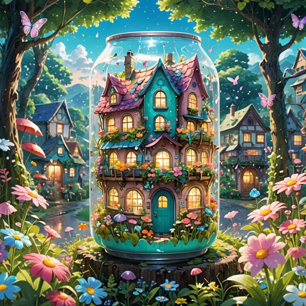 Whimsical Anime Fantasy Village inside a Sparkling Soda Pop...