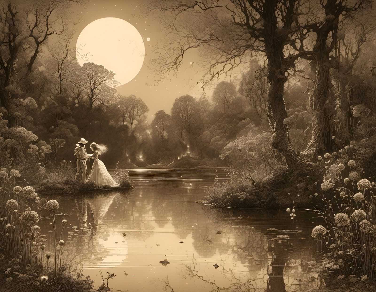 Moonlit Dance: Silhouettes and Reflections in Sepia