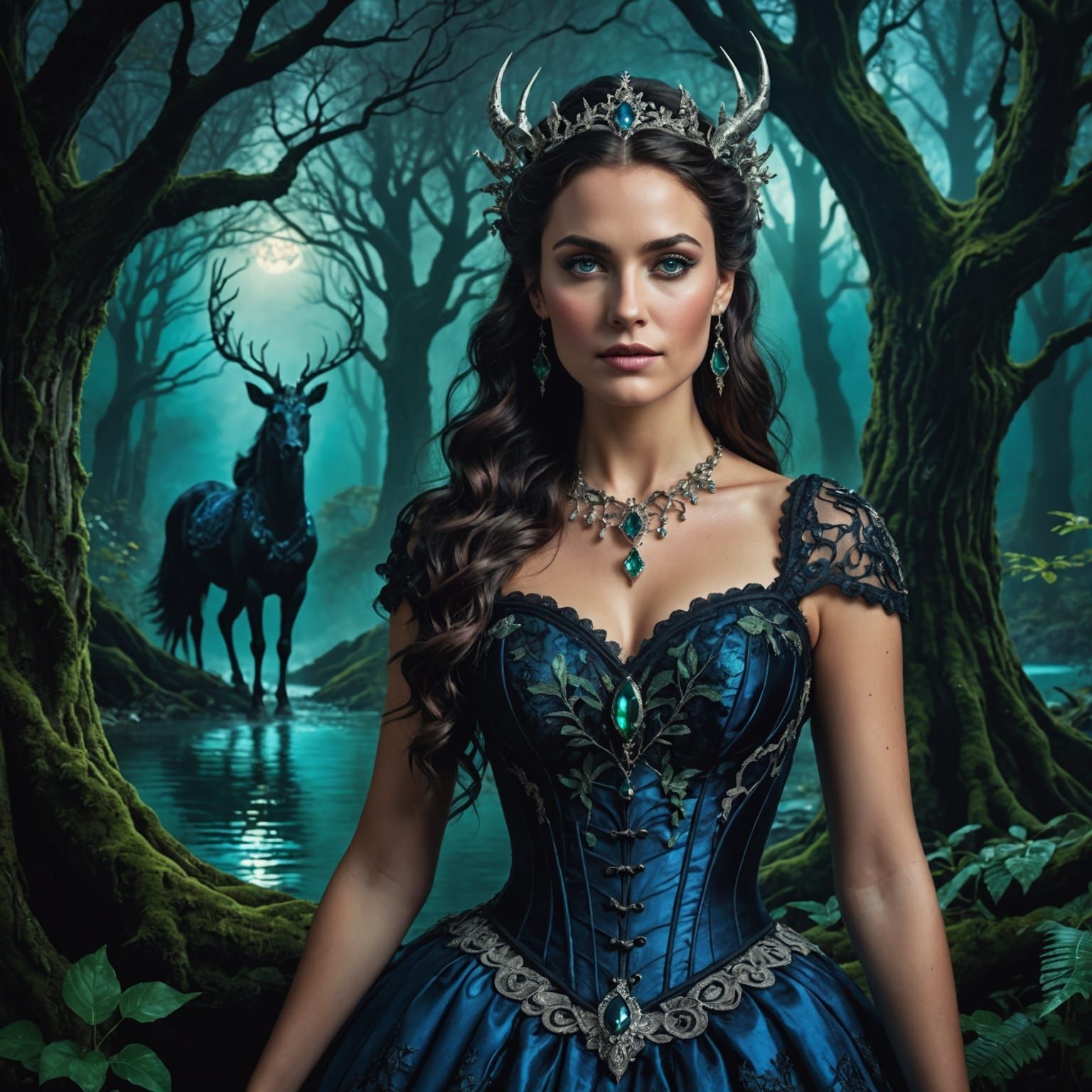 Woman with Unicorn in Mystical Forest: Hyperrealistic Portra...