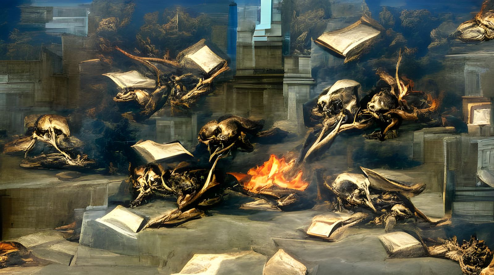 Cathedral Burns Books with Bones: Macabre Scene