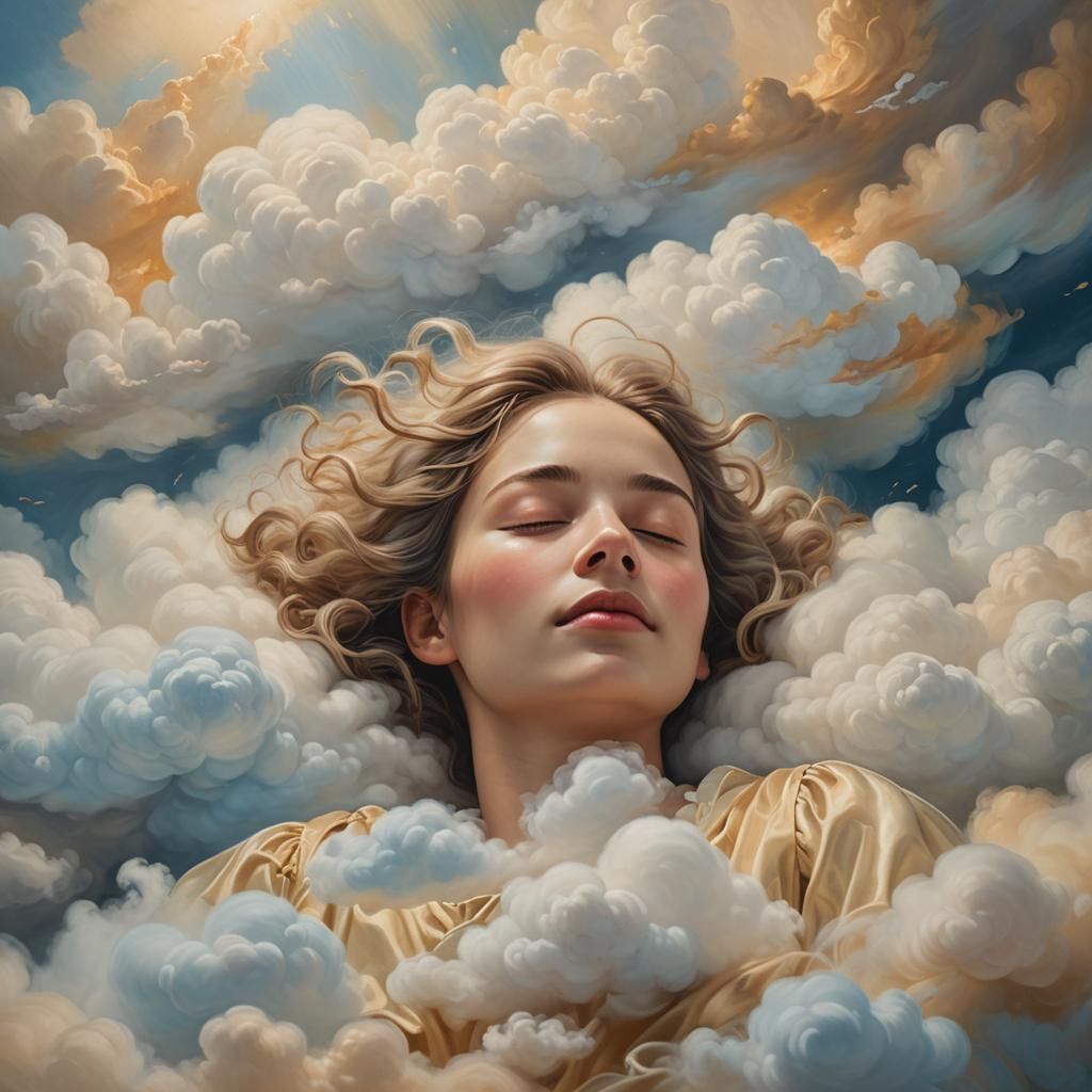 Ethereal Woman Sleeping on Cloud: Surreal Oil Painting