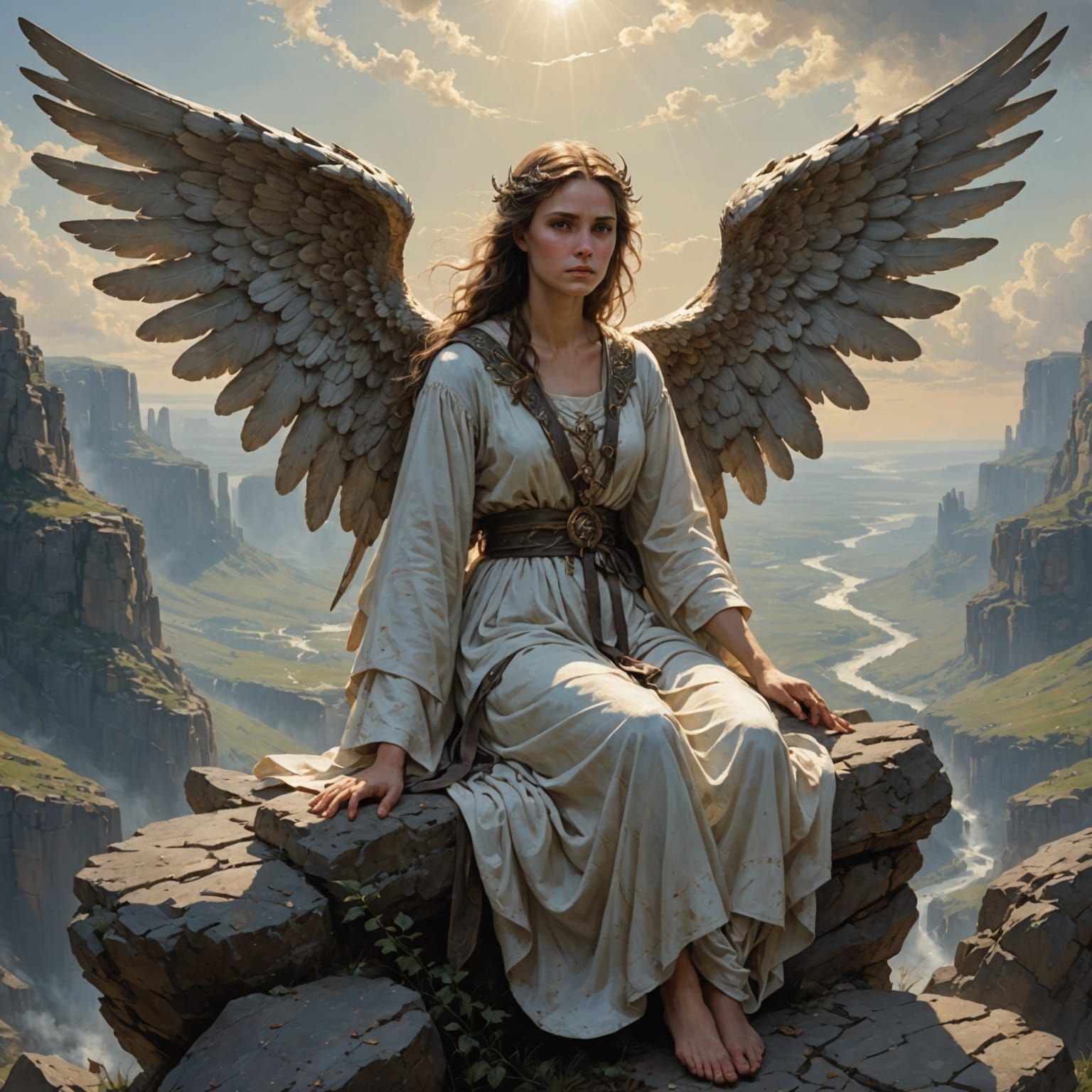 Weathered Angel Seated on Rocky Outcropping