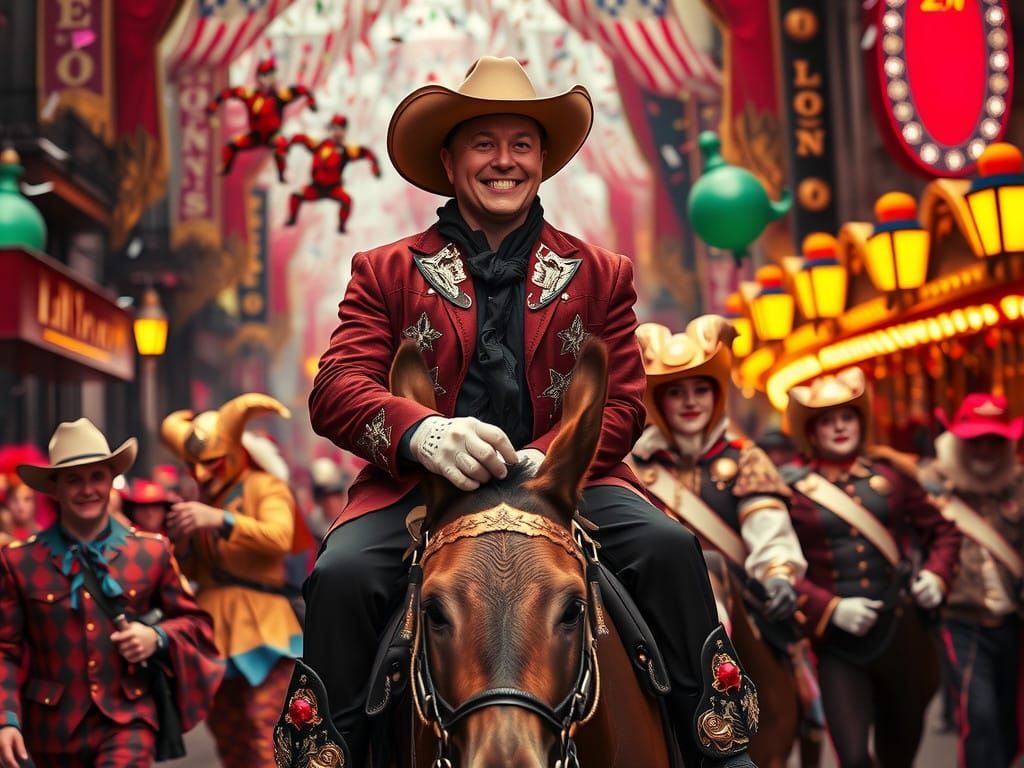 Elon Musk Rides a Trump Donkey in a Vibrant, Whimsical Scene