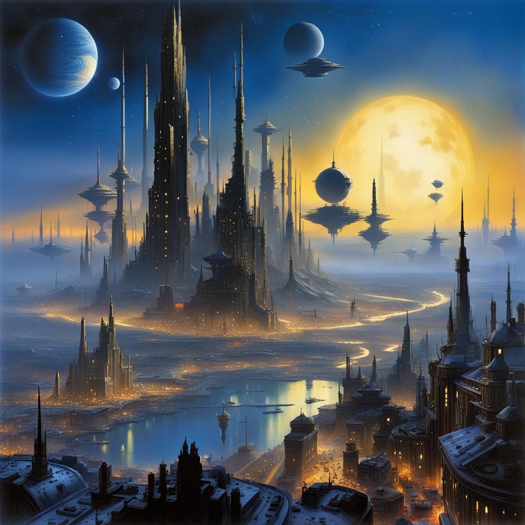 Steampunk City on Alien Planet at Night