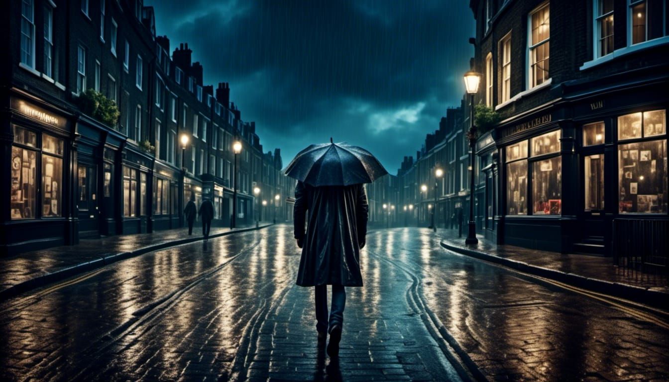 Lonely Man Walks Rainy London Street at Night