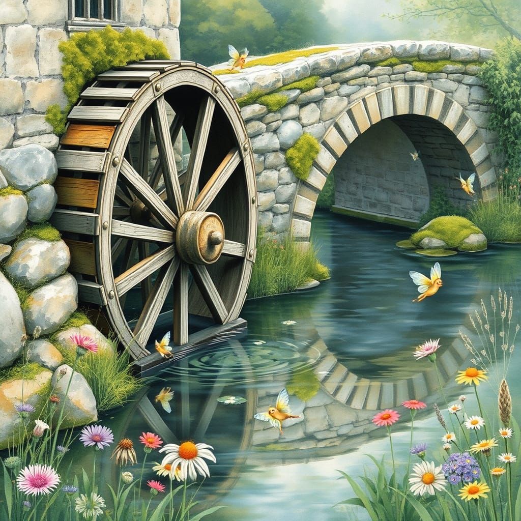 Serene Waterwheel in Classical Watercolours