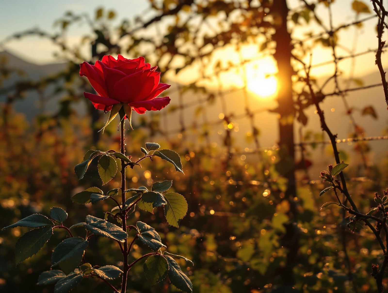 Red Rose Blooms in Abandoned Sunrise Garden