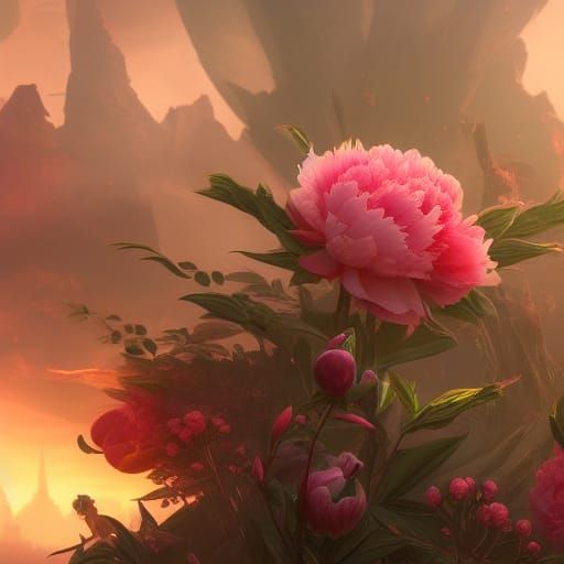 Detailed Matte Painting of a Peony in Deep Color
