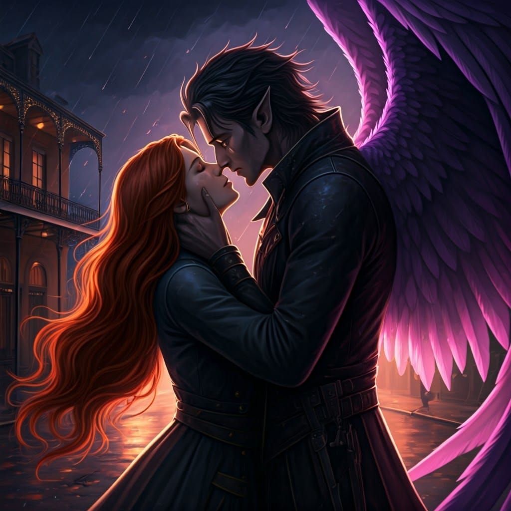 Passionate Kiss in Crescent City Street at Dusk