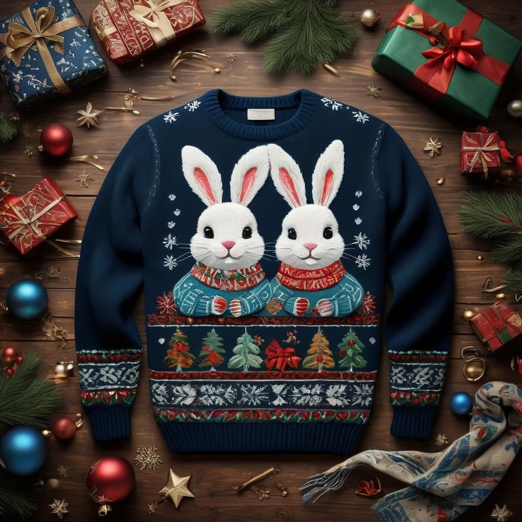 Christmas Sweater with Folk Art Embroidery and Fluffy Bunnie...