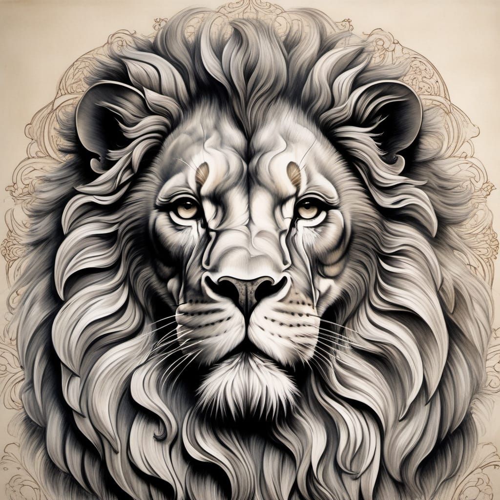 Regal Lion Portrait in Leonardo da Vinci Sfumato Style