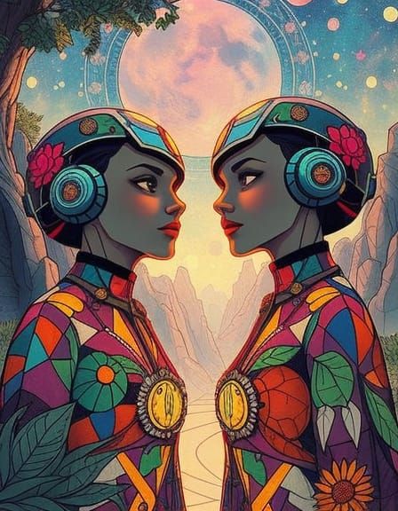 Android Twins Discover Paradise in Art Nouveau Style