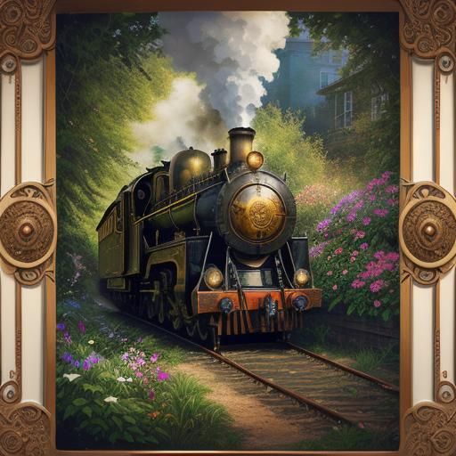 Steampunk Locomotive in Sunny Garden as Oil Painting