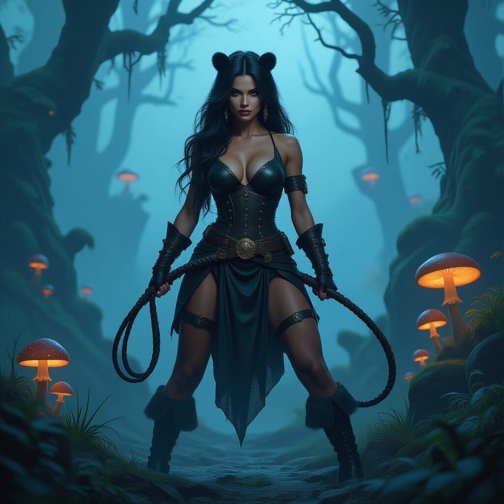 Woman-Bear Hybrid with Whip in Foggy Forest