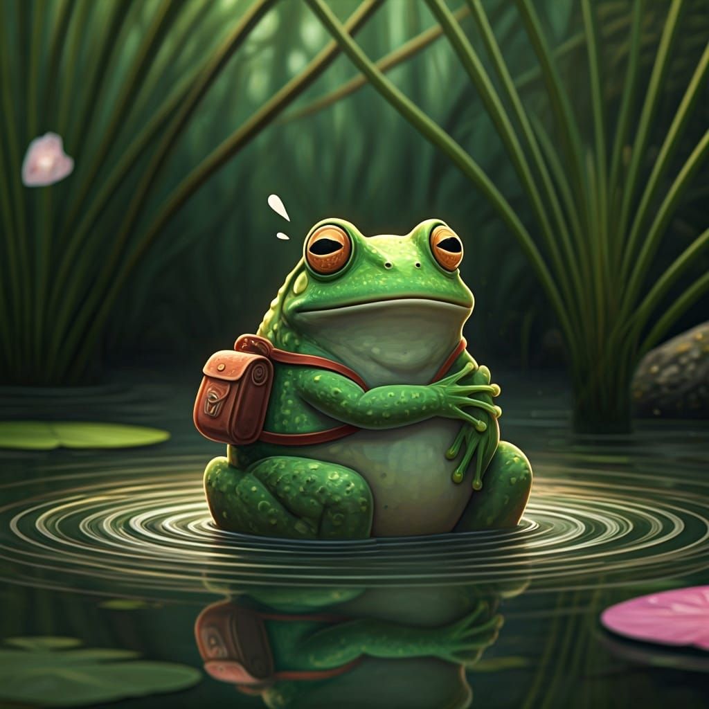 Frog's Surprise Hug: Miyazaki-Style Pond Scene