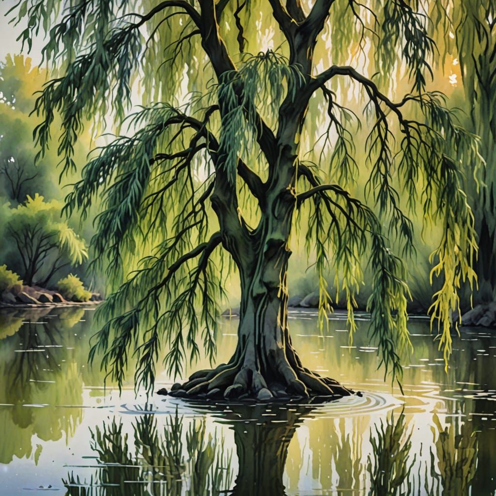 Weeping Willow Reflection: Impressionist Watercolor Painting
