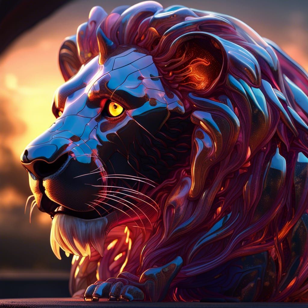 Glass Lion Sculpture at Sunset