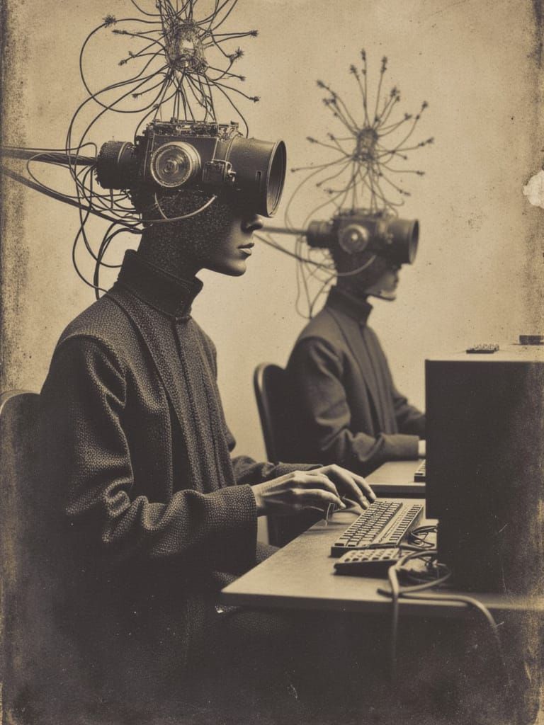 Surreal Human Drones Operating Old Computers, Photocollage S...