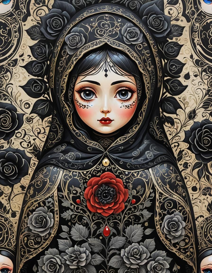 Gothic Black Widow Matryoshka Doll in Dark Surrealism