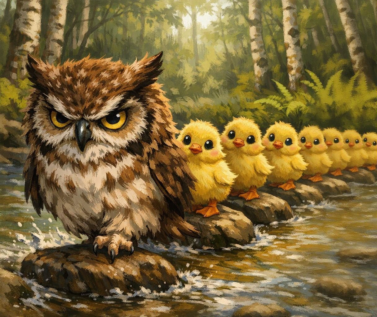 Grumpy Owl Followed by Adorable Ducklings in Birch Forest