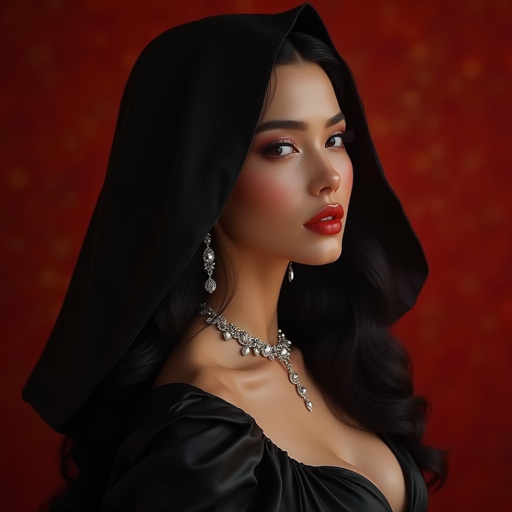 Elegant Woman in Opulent Black Silk Dress with Diamond Accen...