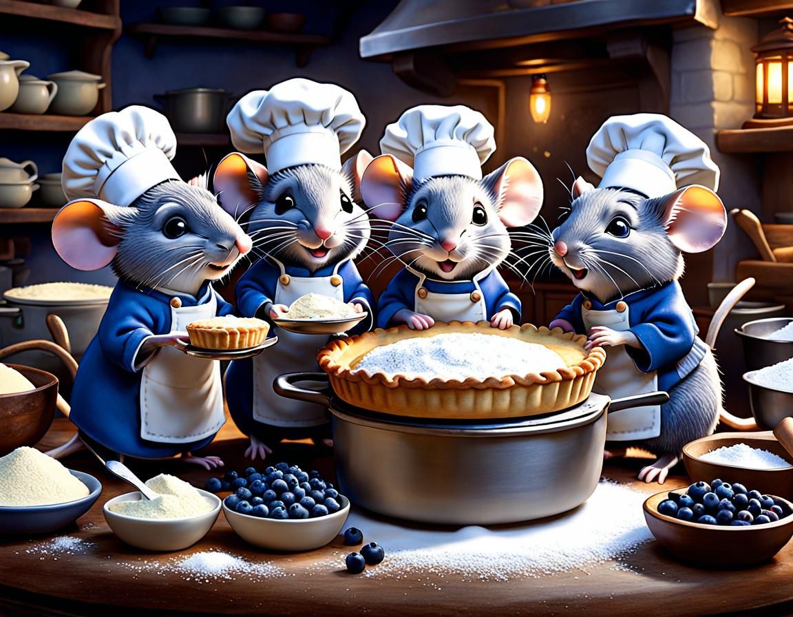 Mouse Family Baking Blueberry Pie, Whimsical Illustration