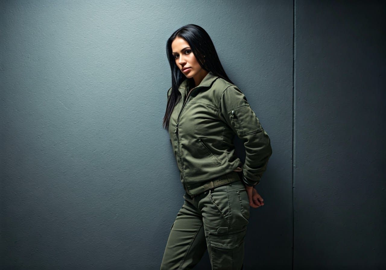 Brunette Woman in Work Clothes with Hands Restrained