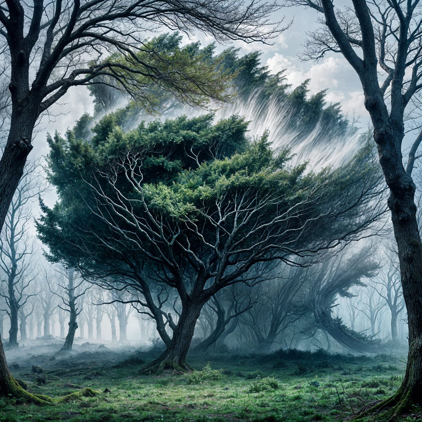 une tempête de vent dans les arbres qui se plient par la force du vent