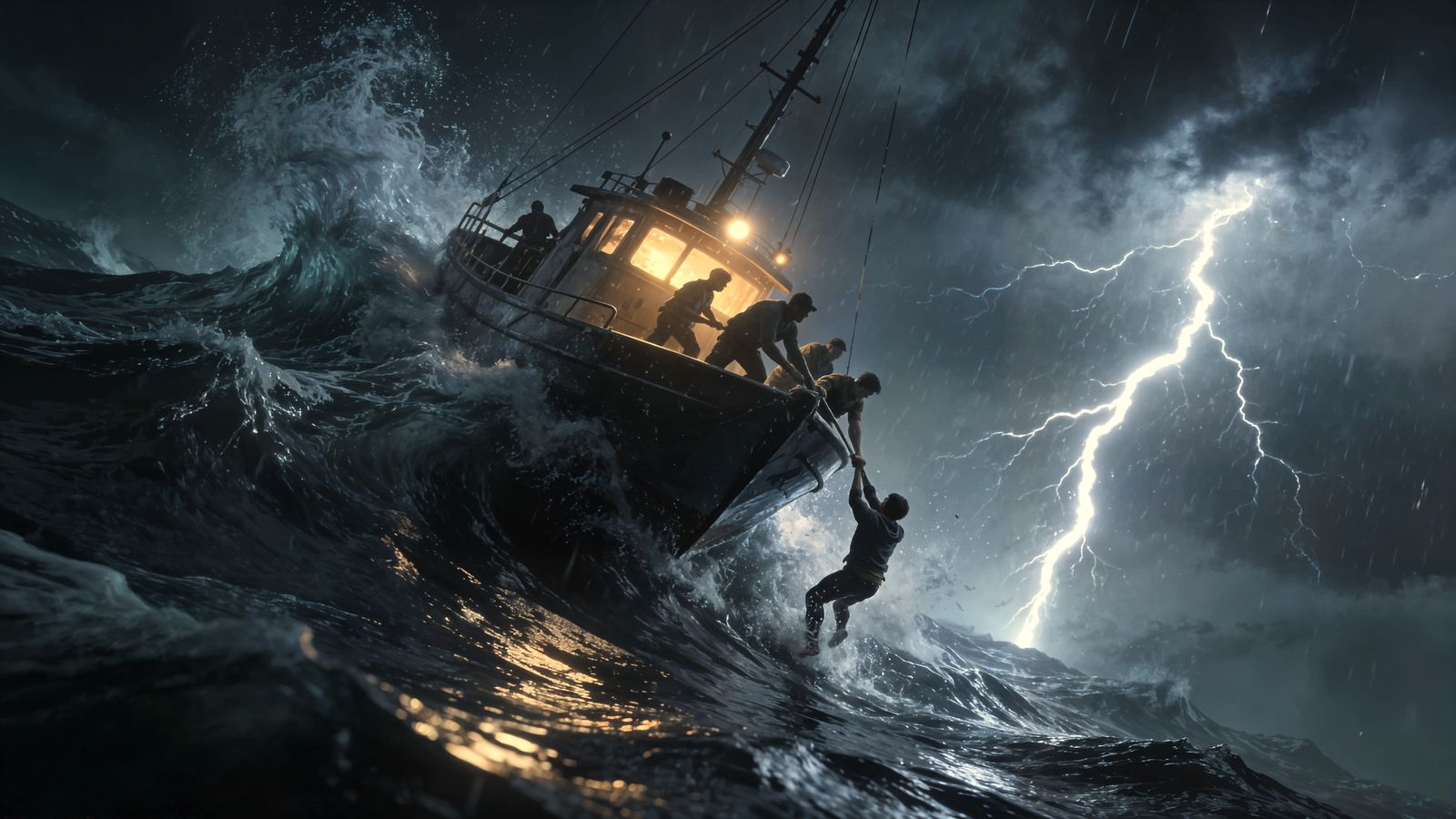 Dramatic Night Storm at Sea: Rescue at Sea