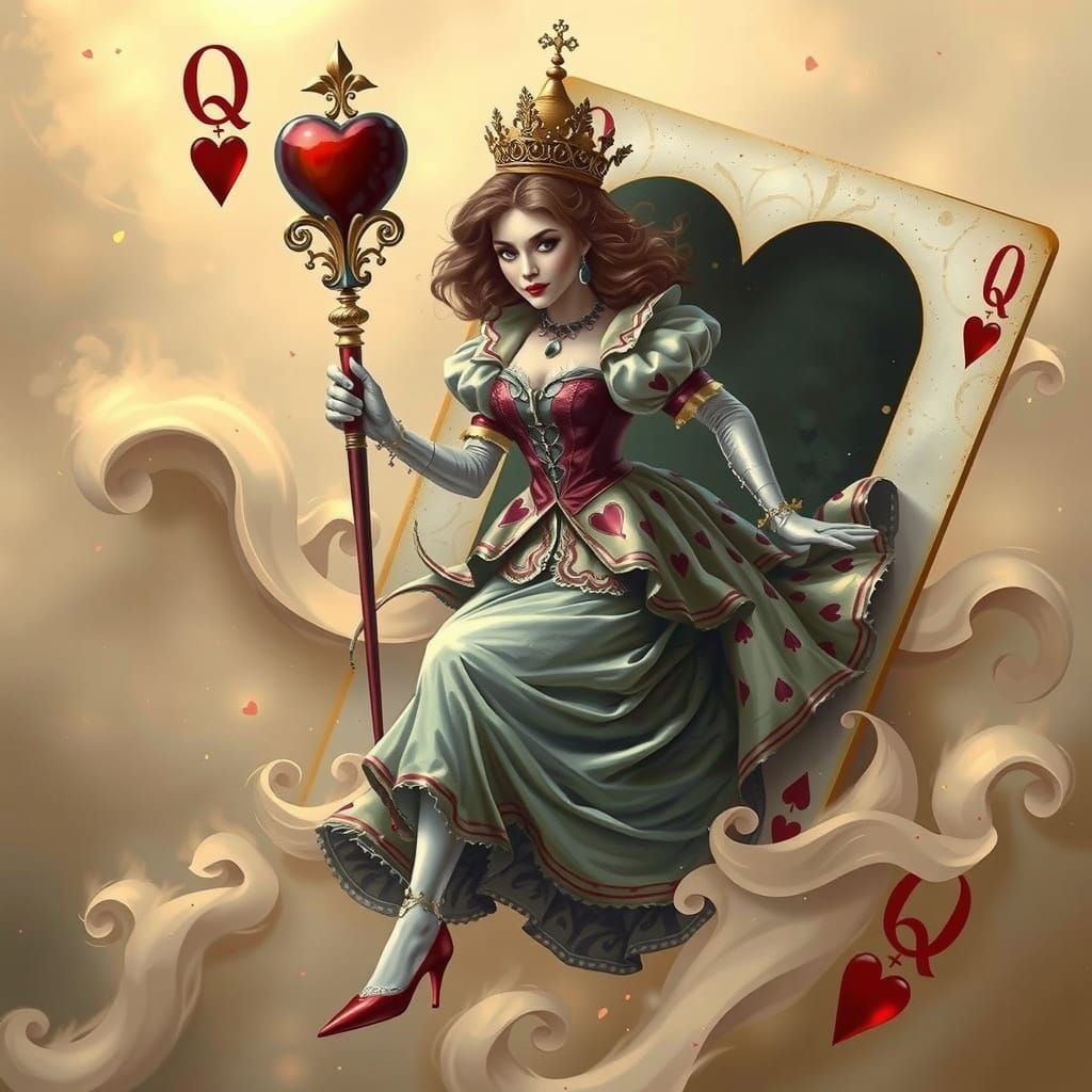 Queen of Hearts Escapes Card in Dreamlike Wonderland
